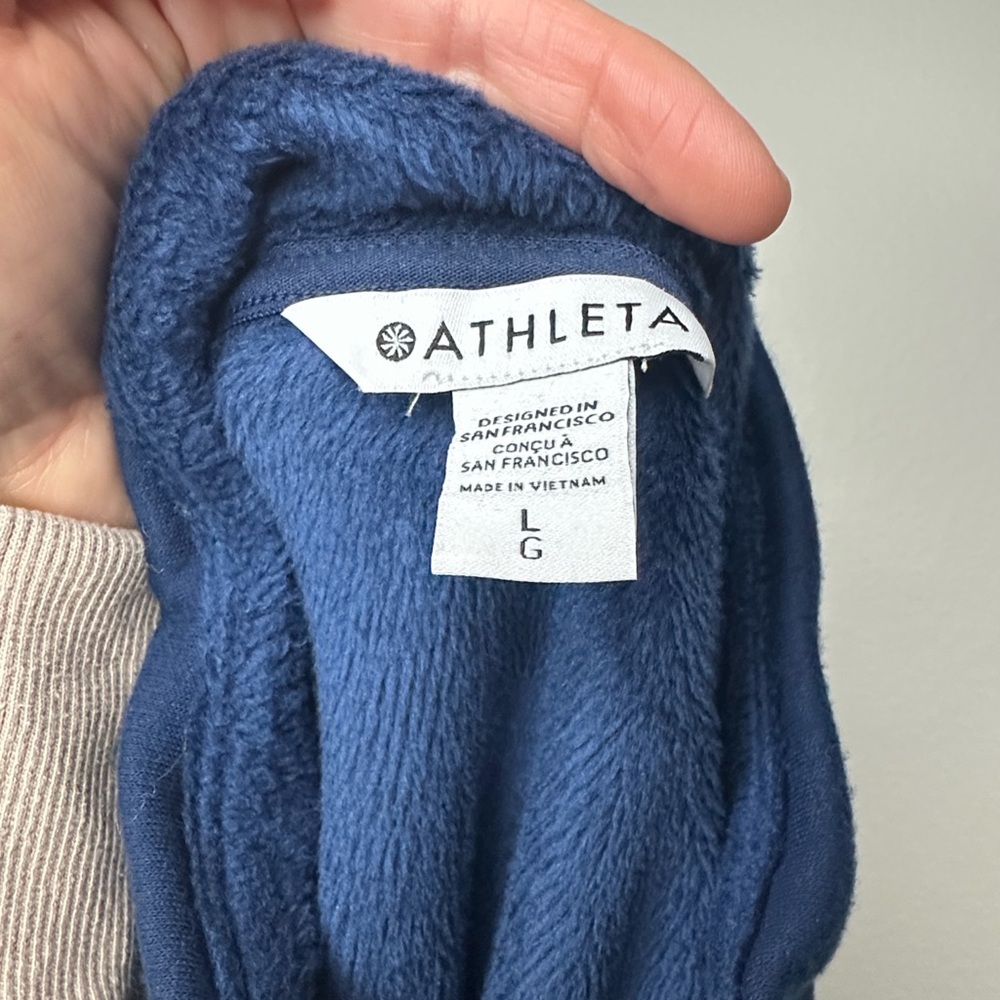 Athleta Cozy Karma Asym Pullover is a deep navy blue sweatshirt, fleece, Large - Picture 6 of 8